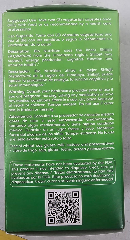 Bio Nutrition Shilajit (Asphaltum), 60 Vegetarian Capsules (500 Mg Per Capsule