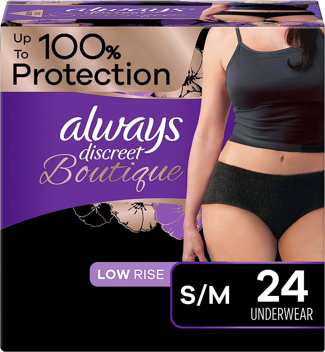 Always Discreet Boutique Adult Incontinence & Postpartum Underwear for Women, Low-Rise, Size Small/Medium, Black, Maximum Absorbency, Disposable, 24 Count