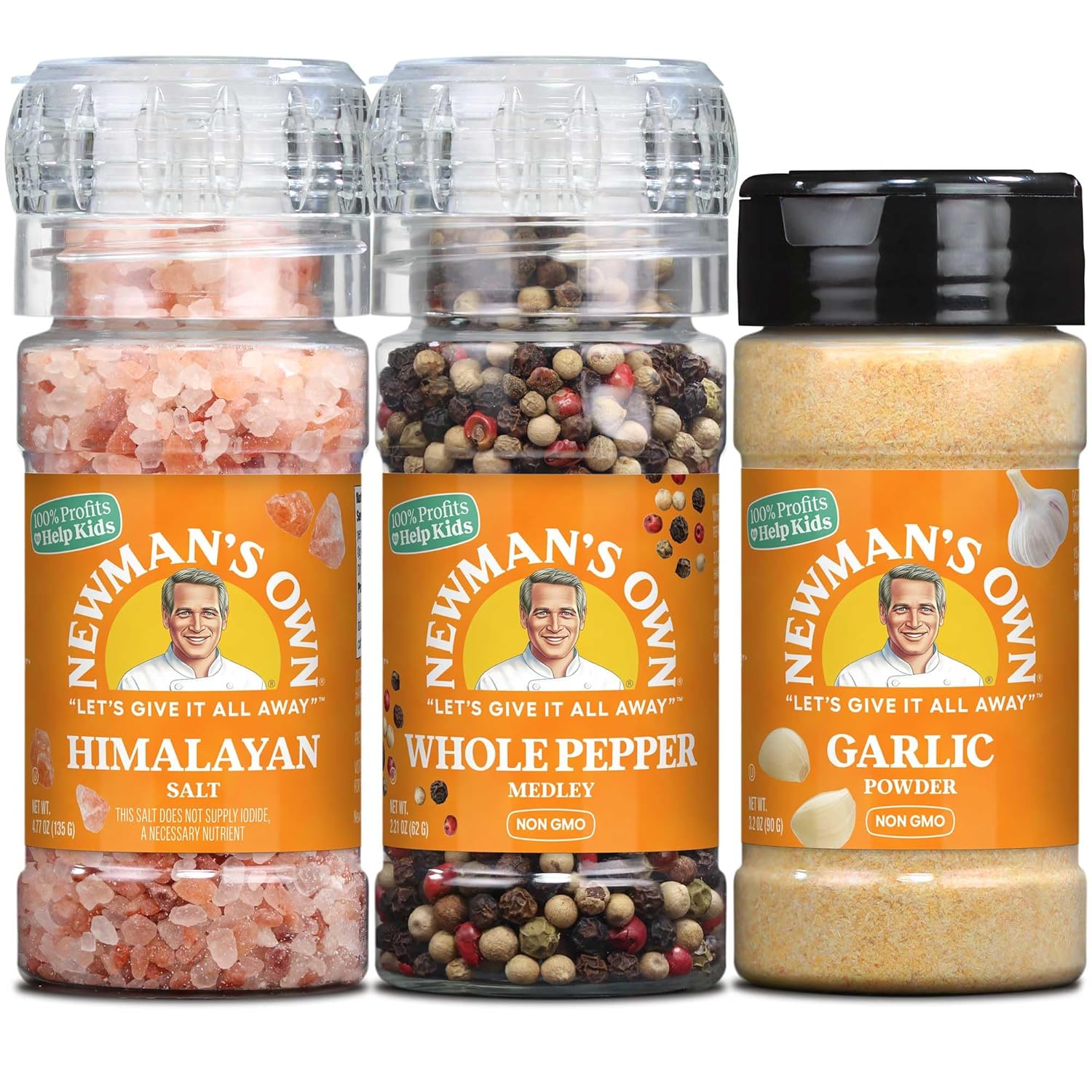 Newman'S Own Everyday Essentials Bundle; Salt & Pepper Grinder Set With Organic Garlic Powder