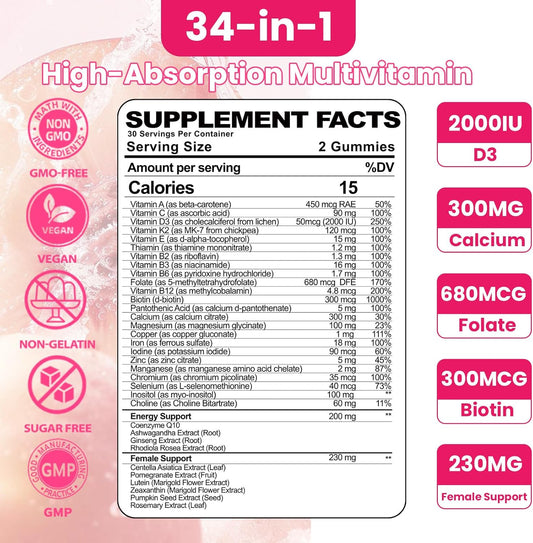 Organic Women'S Multivitamin Gummies: Vegan Vitamin Supplement With Iron B12 D3 Biotin Magnesium Plus Ashwagandha For Hair Skin Health Boost Energy - Sugar Free Methylated Gummy(120Count)