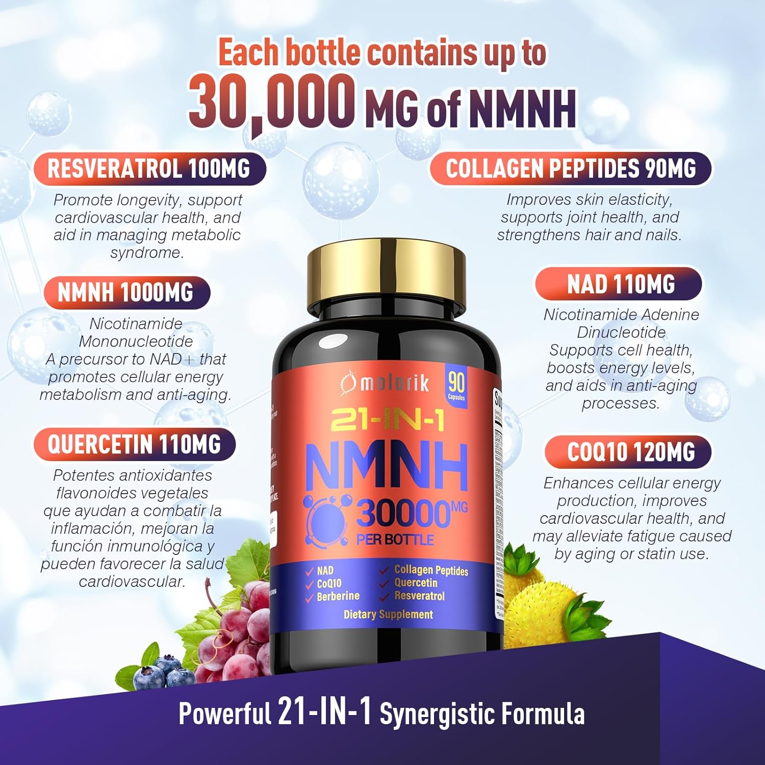 Molorik Nmnh Supplement, 21-In-1 Dihydronicotinamide Mononucleotide, 1000Mg Per Serving Nad+ Support, Gluten Free Supports Healthy Aging, Cellular Energy & Immune Health - 30 Servings : Health & Household