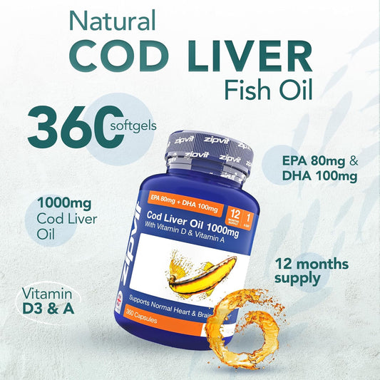Zipvit Cod Liver Oil 1000Mg, 120 Softgel Capsules, Rich In Omega-3, Epa 80Mg & Dha 100Mg. With Vitamins D3 & A To Support Heart, Brain, Eye Health & Immune System – 4 Month Supply