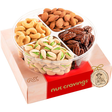 Nut Cravings Gourmet Collection - Mixed Nuts Gift Basket In Red Gold Box (4 Assortments) Teacher Appreciation Arrangement Platter, Birthday Care Package - Healthy Kosher Usa Made