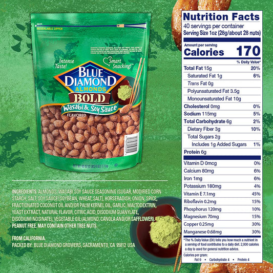 Blue Diamond Almonds, Wasabi And Soy, 1.5 Oz