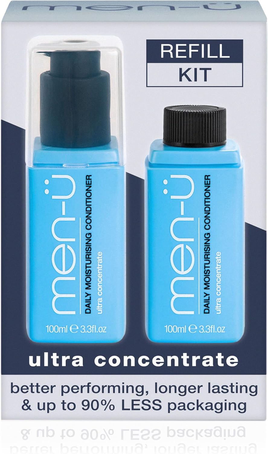 Men-Ü Daily Moisturising Conditioner Refill Kit. 2 X 100Ml Bottles! Up To 200 Apps – Ultra Concentration, Long Lasting Mens Conditioner And Smooth Texture - 100Ml Bottle + Refill