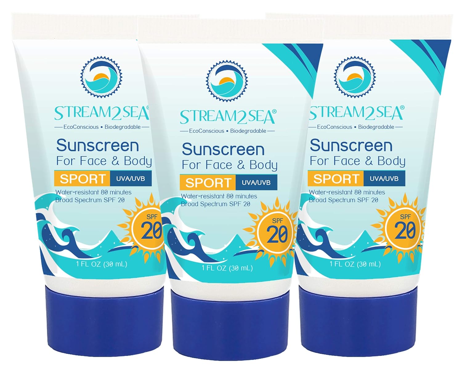 STREAM 2 SEA SPF 20 Mineral Sunscreen Biodegradable and Reef Safe, 1 Fl oz Pack of 3 Travel Size Paraben Free Non Greasy, Moisturizing Mineral Sunscreen For Face, Body Protection Against UVA and UVB