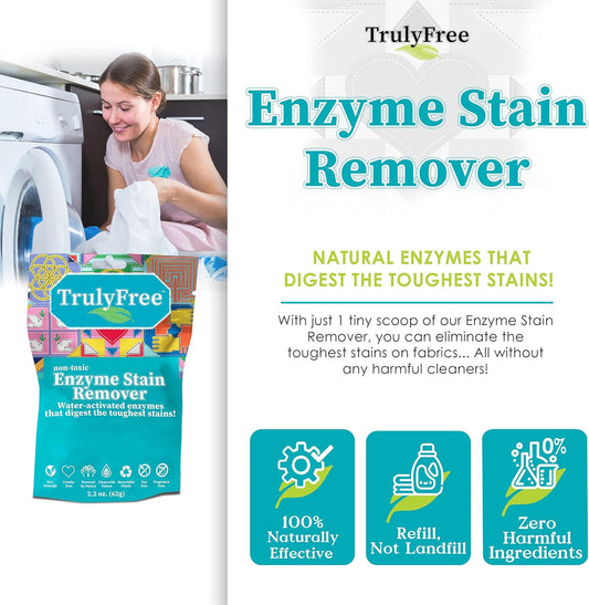 Truly Free Natural Stain Remover, Water-Activated Enzymes, Breaks Down Food, Blood, Grass Stains, Pet Stains And Odor Remover (50 Scoops)