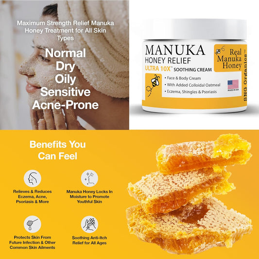 Manuka Honey Eczema Cream (8oz) Moisturizing Lotion Treatment Relief - Itchy, Dry Skin Healing Ointment - Skin-Soothing Moisturizer For Kids, Adults, Baby Body Mousse Honey Creme Eczema, Psoriasis