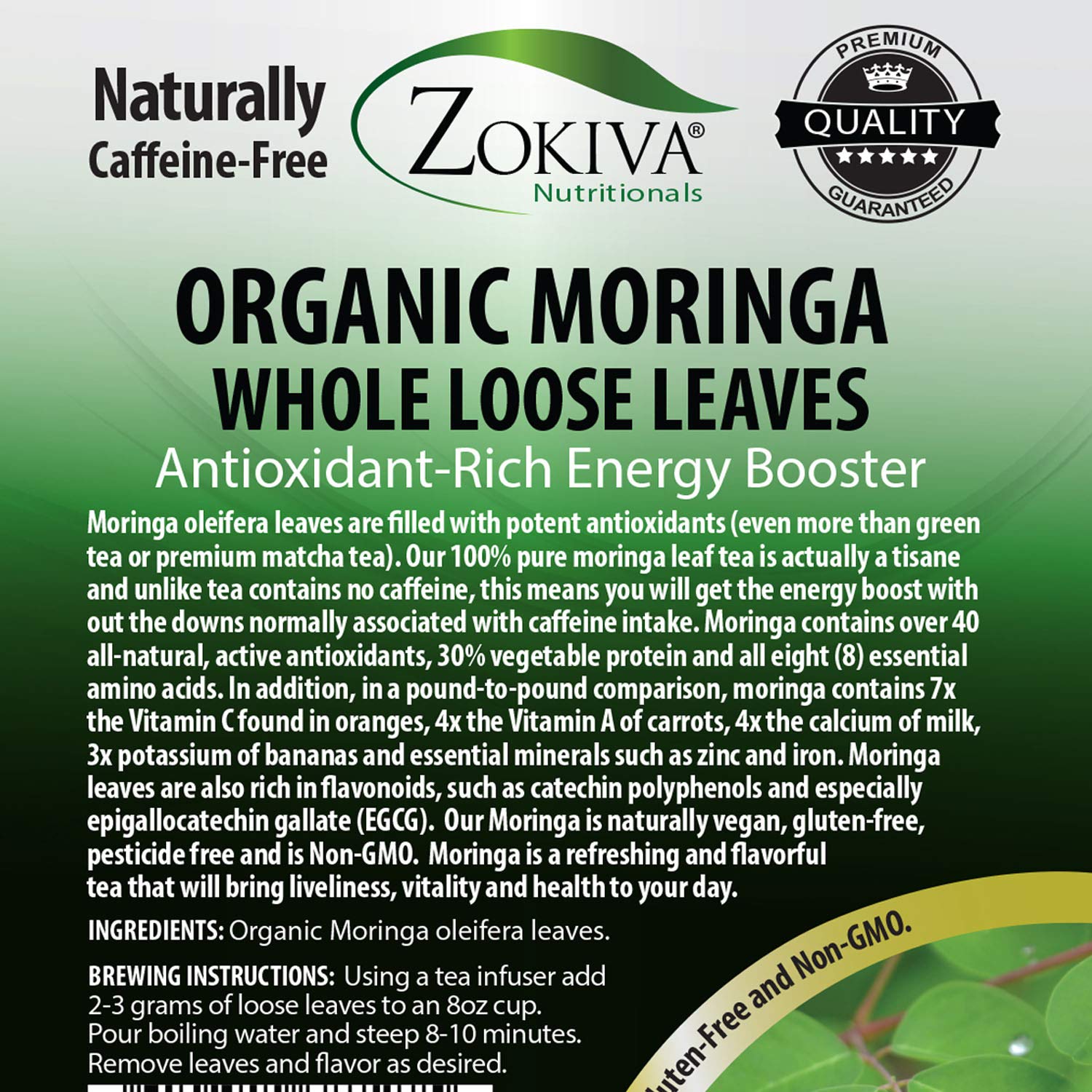 Zokiva Nutritionals - Moringa Leaves - Organic Loose Dried Moringa Leaf Tea - Drumstick Leaves 100% All-Natural Energy Booster 4Oz - In Resealable Zip Pouch : Grocery & Gourmet Food