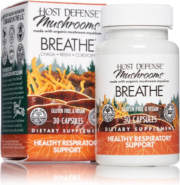 Host Defense, Breathe Capsules, Respiratory Support, Mushroom Supplement with Cordyceps, Reishi and Chaga, Unavored, 30