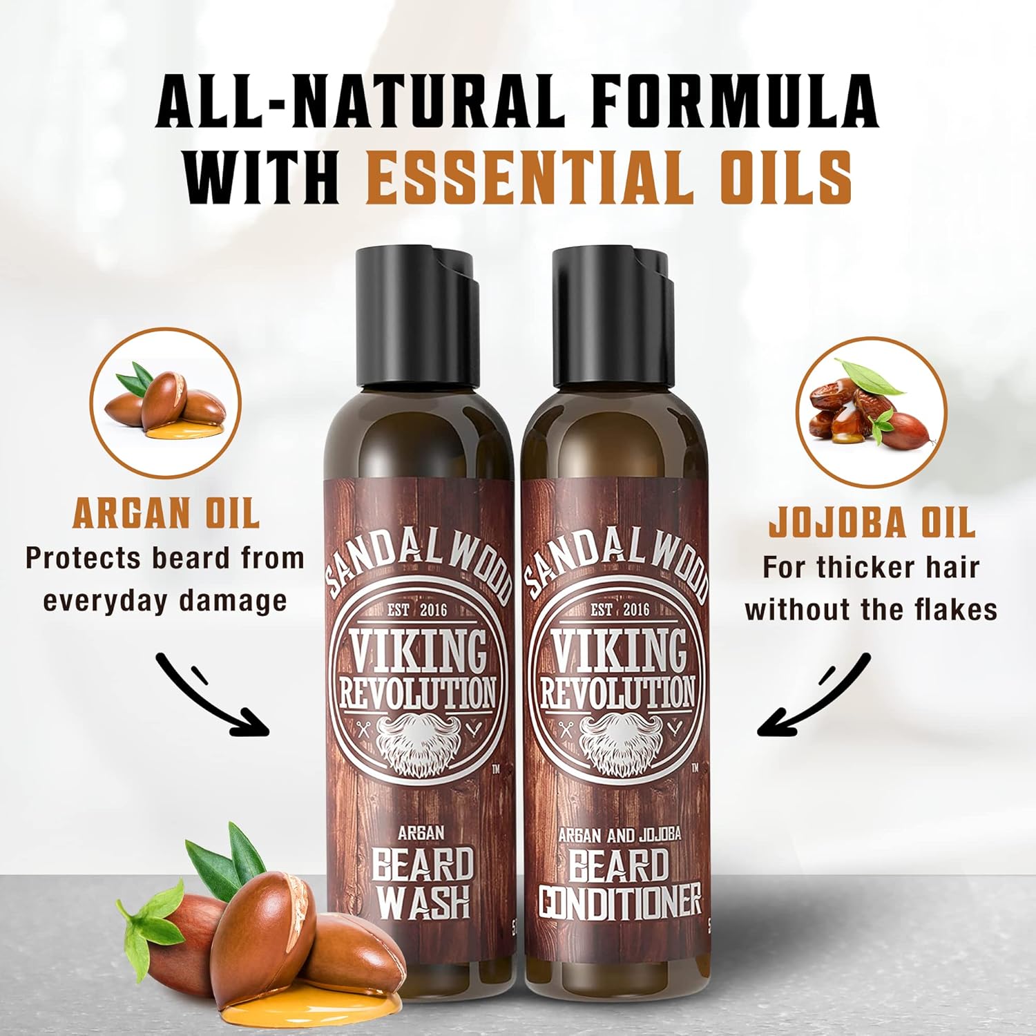 Viking Revolution - Beard Shampoo And Conditioner - Natural Beard Wash & Beard Conditioner With Argan & Jojoba Oils - Softens & Strengthens - Gifts For Men - Sandalwood - 2 X 300 Ml
