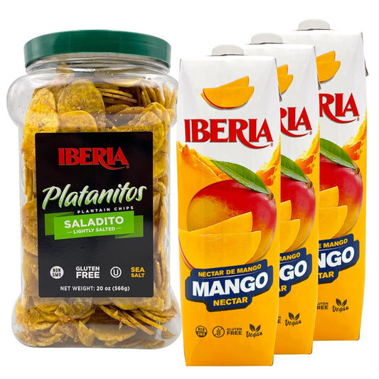 Iberia Lightly Salted Plantain Chips, 20 Oz. + Iberia Mango Nectar, 33.8 Fl. Oz, (Pack Of 3)