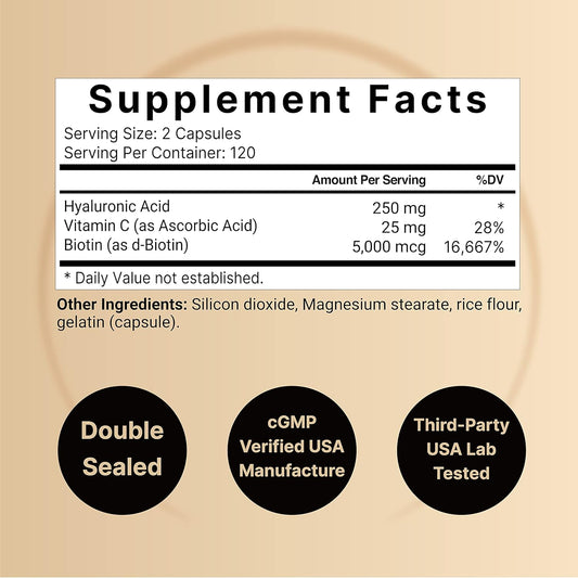 Naturebell 2 Pack Plant Based Hyaluronic Acid Supplements 250Mg With 25Mg Vitamin C & Biotin 5000Mcg, 480 Total Capsules | Essential For Hair Growth, Joint Support, & Hydrating Skin | Non-Gmo