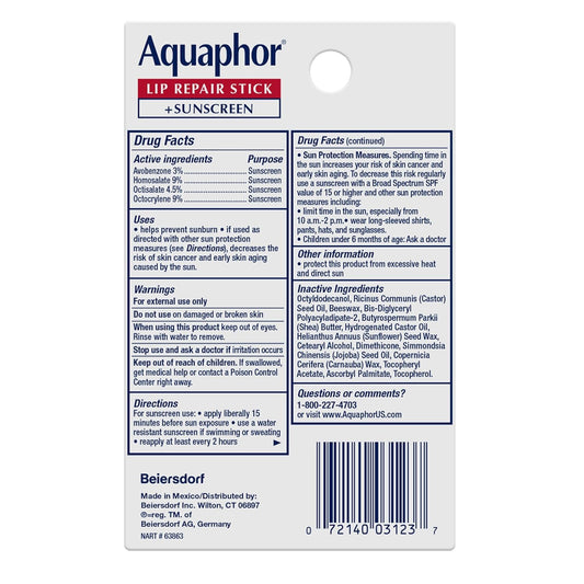 Aquaphor Lip Balm Set With Jojoba Oil And Shea Butter, Lip Repair Stick (2 X 0.17 Oz) + Repair Stick With Sunscreen Spf 30 (2 X 0.17 Oz), Fragrance Free, Paraben Free, Immediately Relieves Dryness