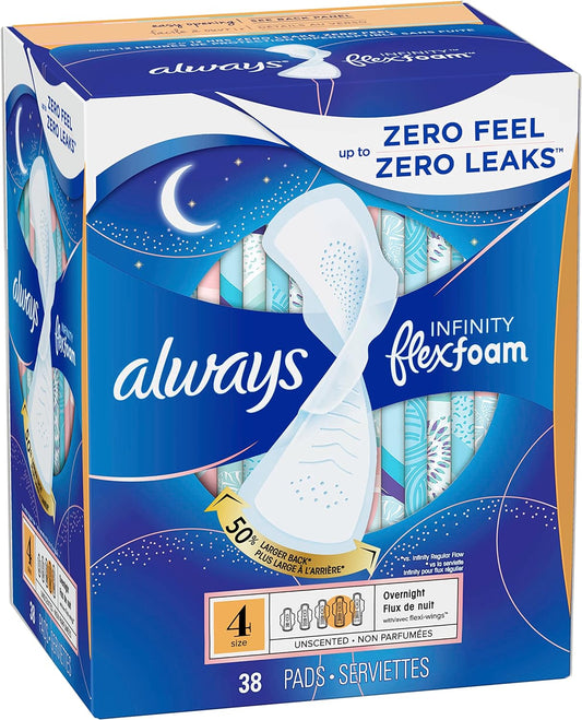 Always Infinity Feminine Pads for Women, Size 4 Overnight, with wings, unscented, 38 Count