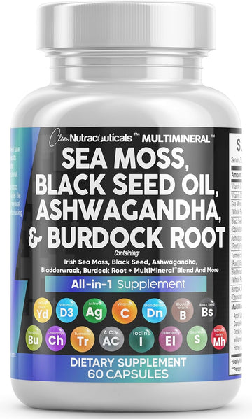 Sea Moss 3000Mg Black Seed Oil 2000Mg Ashwagandha 1000Mg Turmeric 1000Mg Bladderwrack 1000Mg Burdock 1000Mg & Vitamin C & D3 With Elderberry Manuka Dandelion Yellow Dock Iodine Chlorophyll Acv