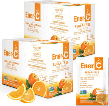 Ener-C Sugar Free Energy Orange Multivitamin Drink Mix Vitamin C 1000mg & Electrolytes - Natural Immunity Support with Real Fruit Juice Powders Non-GMO Vegan & Gluten Free - 60 Count