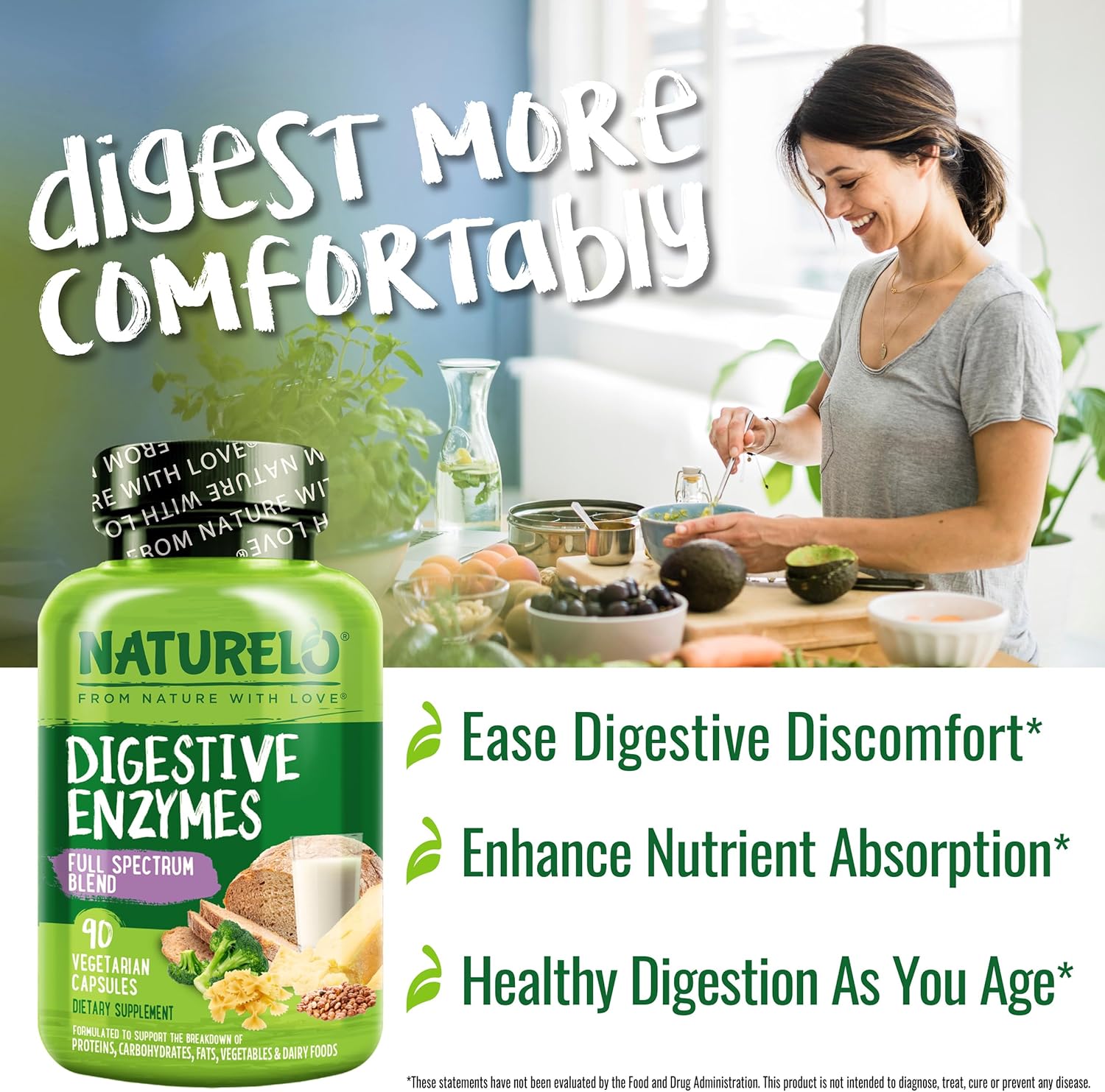 Naturelo Digestive Enzymes - Full Spectrum Support With A Broad Blend Of 15 Enzymes Plus Ginger - 90 Vegan Capsules : Health & Household