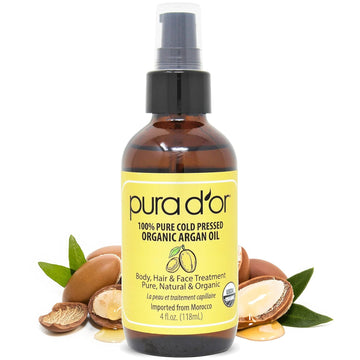 PURA D'OR Organic Moroccan Argan Oil (4oz / 118mL) USDA Certified 100% Pure Cold Pressed Virgin Premium Grade Moisturizer Treatment for Dry & Damaged Skin, Hair, Face, Body, Scalp & Nails