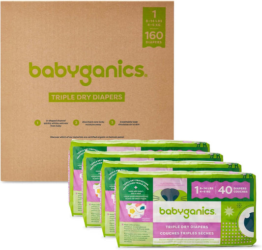 Babyganics Size 1, 160 Count, Absorbent, Breathable, Triple Dry Protection Diapers