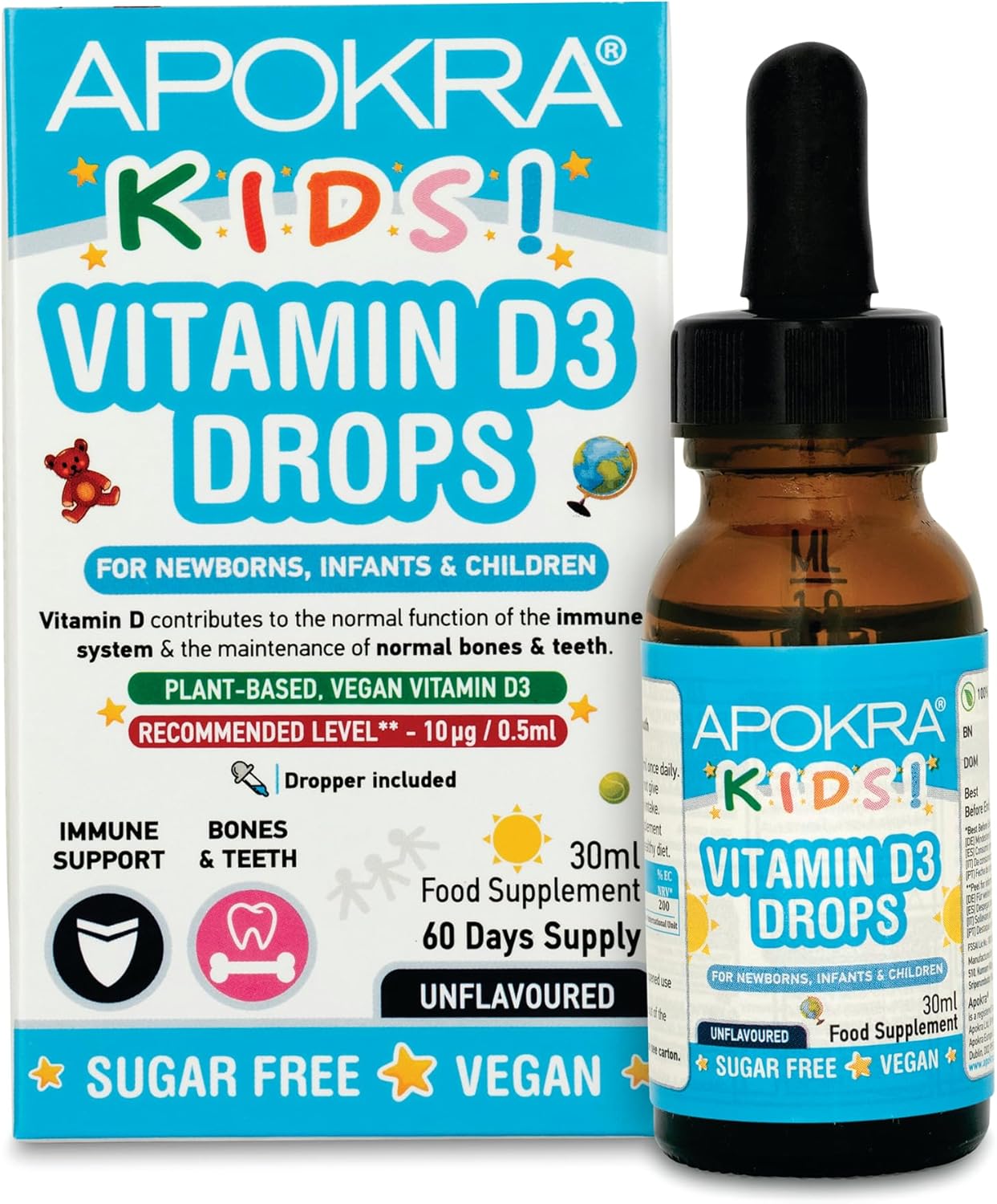 Vitamin D Drops Baby & Kids - Vegan - 60 Days Supply – 30Ml – Preservative Free And Sugar Free Kids Vitamins - Vit D 400Iu In Mct Oil - 10 Micrograms Per 0.5Ml | Apokra
