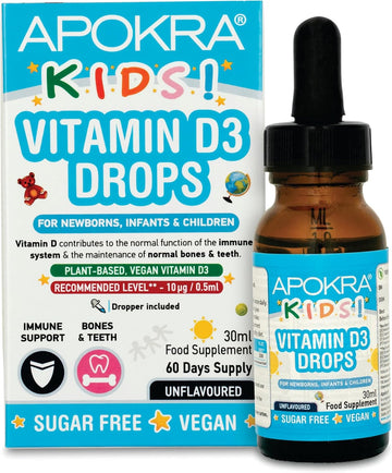 Vitamin D Drops Baby & Kids - Vegan - 60 Days Supply – 30Ml – Preservative Free And Sugar Free Kids Vitamins - Vit D 400Iu In Mct Oil - 10 Micrograms Per 0.5Ml | Apokra