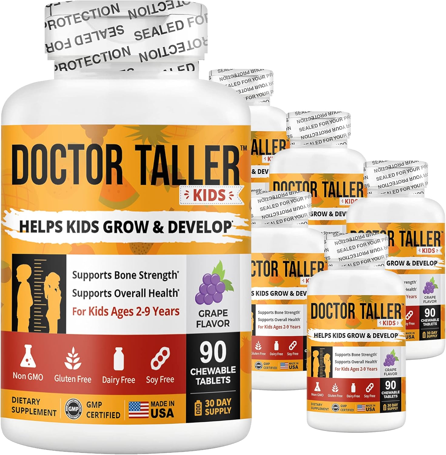 Doctor Taller Kids - Support Height Growth With Multivitamins, Multiminerals, Calcium - Height Growth Formula For Kids Ages 2 To 9 - Grape Flavor - Helps Kids Grow Taller - 6 Pack | 9 Months Supply