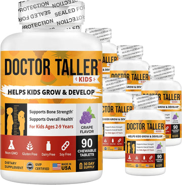Doctor Taller Kids - Support Height Growth With Multivitamins, Multiminerals, Calcium - Height Growth Formula For Kids Ages 2 To 9 - Grape Flavor - Helps Kids Grow Taller - 6 Pack | 9 Months Supply