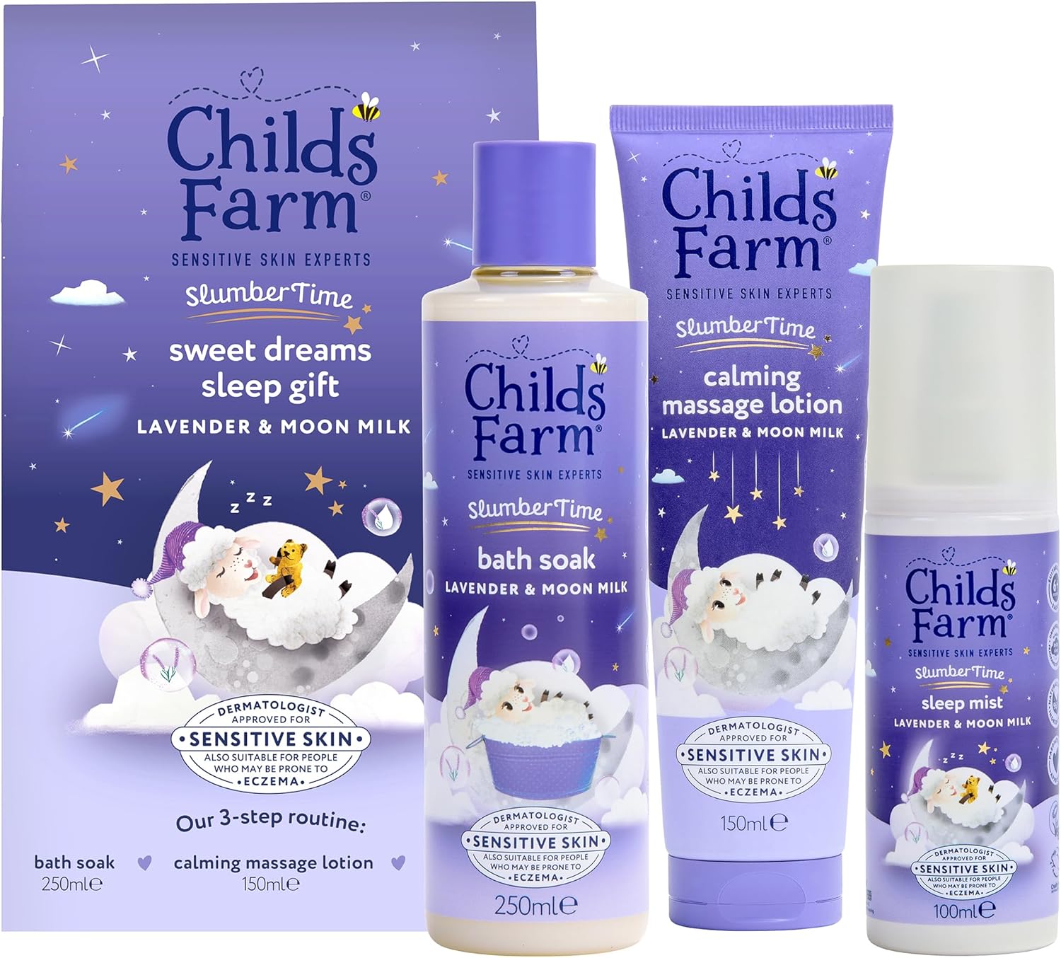 Childs Farm Slumbertime Sweet Dreams Sleep Gift Set | 3-Step Sleep Routine | Lavender & Moon Milk Bath Soak 250Ml, Calming Massage Lotion 150Ml, Sleep Mist 100Ml | Suitable For Dry & Sensitive Skin