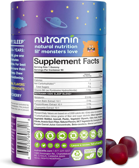 NUTRAMIN Kids Sleep Gummy - Sugar-Free & Vegan - 100% Natural Sleeping Aid with Melatonin Sleep Gummies for Kids - Hypoallergenic, Halal, Kosher, Non GMO - Dark Cherry - 90 Count