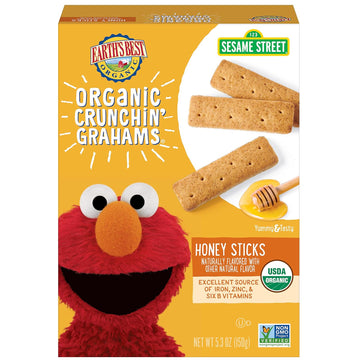 Earth's Best Organic Kids Snacks, Sesame Street Toddler Snacks, Organic Crunchin' Grahams for Toddlers 2 Years and Older, Honey Sticks with other Natural Flavors, 5.3 oz Box