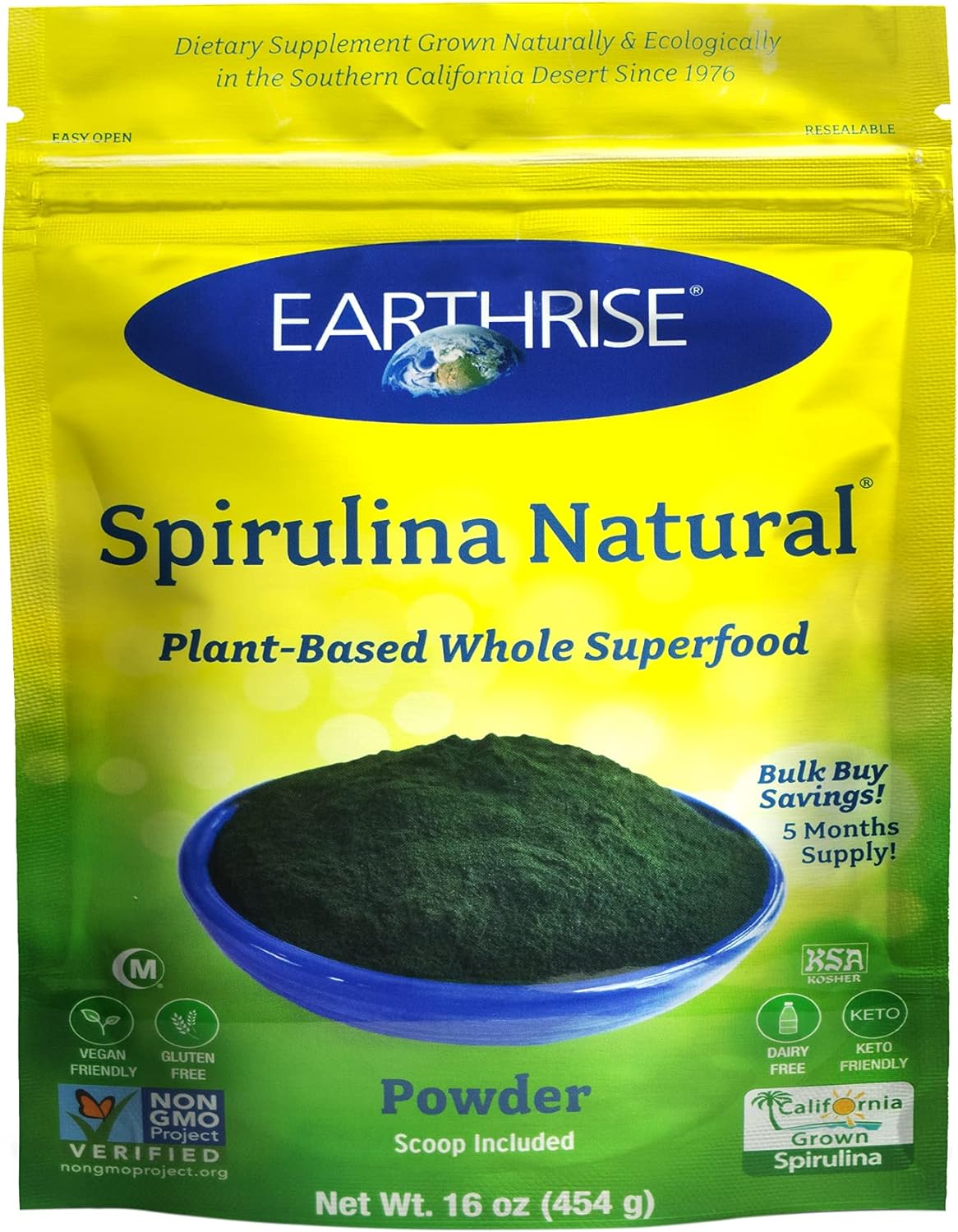 Earthrise Spirulina Natural Powder 16oz, Natural Premium Spirulina from California- Vegan, Gluten Free, Keto Friendly, Non -GMO Super Food high in Vitamins & Minerals. (1 LB)