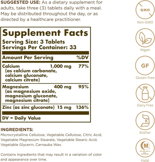 Solgar Calcium Magnesium Plus Zinc - 100 Tablets, Pack Of 3 - Promotes Healthy Bones, Supports Nerve & Muscle Function - Non-Gmo, Vegan, Gluten Free - 100 Total Servings
