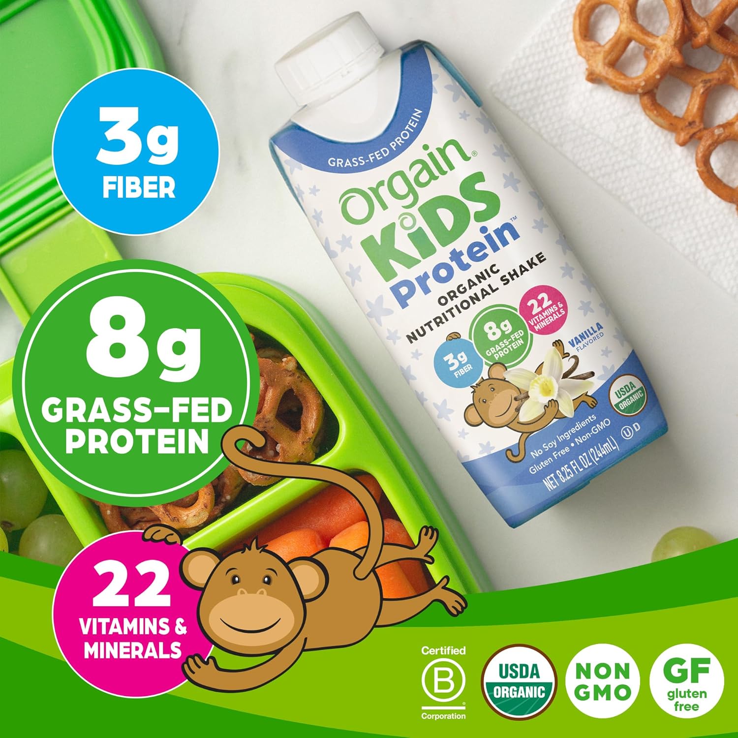 Orgain Organic Kids Nutritional Protein Shake, Vanilla, Healthy Kids Snacks, 8g Dairy Protein, 3g Fiber, 22 Vitamins & Minerals, No Soy ingredients, 8.25 Fl Oz (Packaging May Vary) (4 Pack) : Health & Household