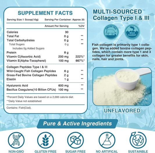 Marine Collagen Peptides Powder - Type I & Iii Hydrolyzed Collagen With Probiotics, Vitamin C & Hyaluronic Acid For Skin, Hair, Nails & Joint, Wild-Caught Fish & Grass-Fed Bovine, 35 Servings