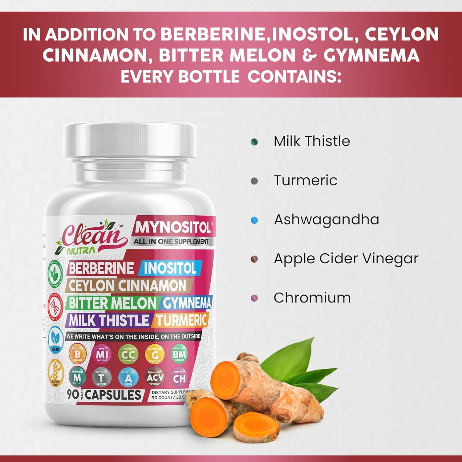 Clean Nutra Berberine Inositol Supplement with Ceylon Cinnamon, Bitter Melon, Gynema Sylvestre, Milk Thistle, Turmeric - 90 Vegan Vegetarian Capsules, Non-GMO, Gluten Free - Berberine for Women Men : Health & Household