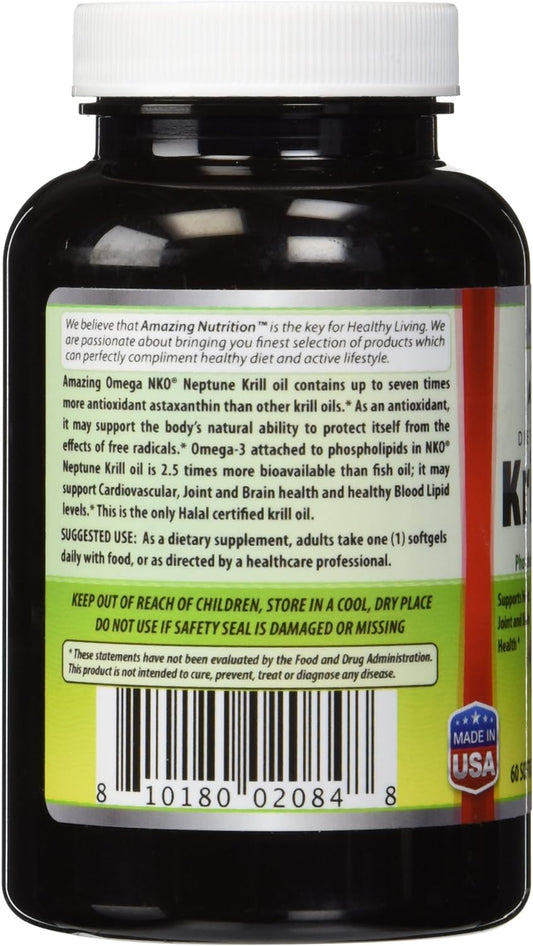 Amazing Omega Nko? Neptune Krill Oil 1000 Mg, 60 Softgels (Non-GMO, Gluten-Free) - Supports Heart, Joint & Brain Health and Superior bioavailability & antioxidant Content