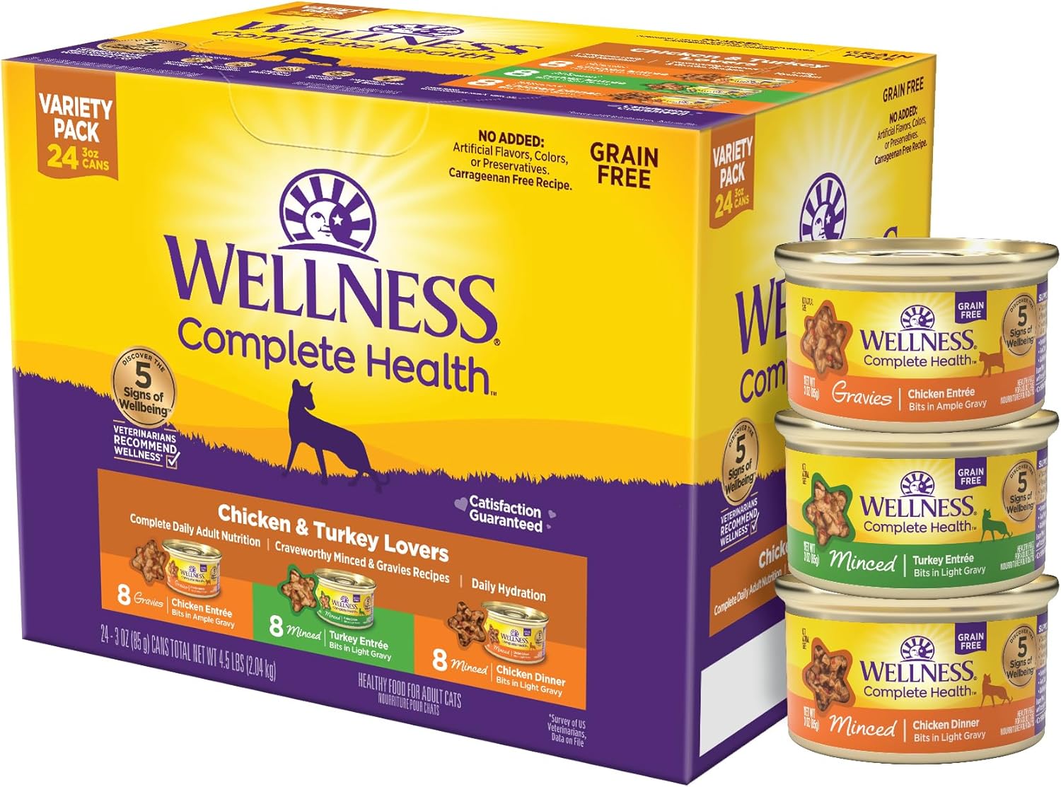 Wellness Complete Health Grain-Free Wet Canned Cat Food, Chicken & Turkey Lovers Minced And Gravies Variety Pack, 3 Ounces (Pack Of 24)