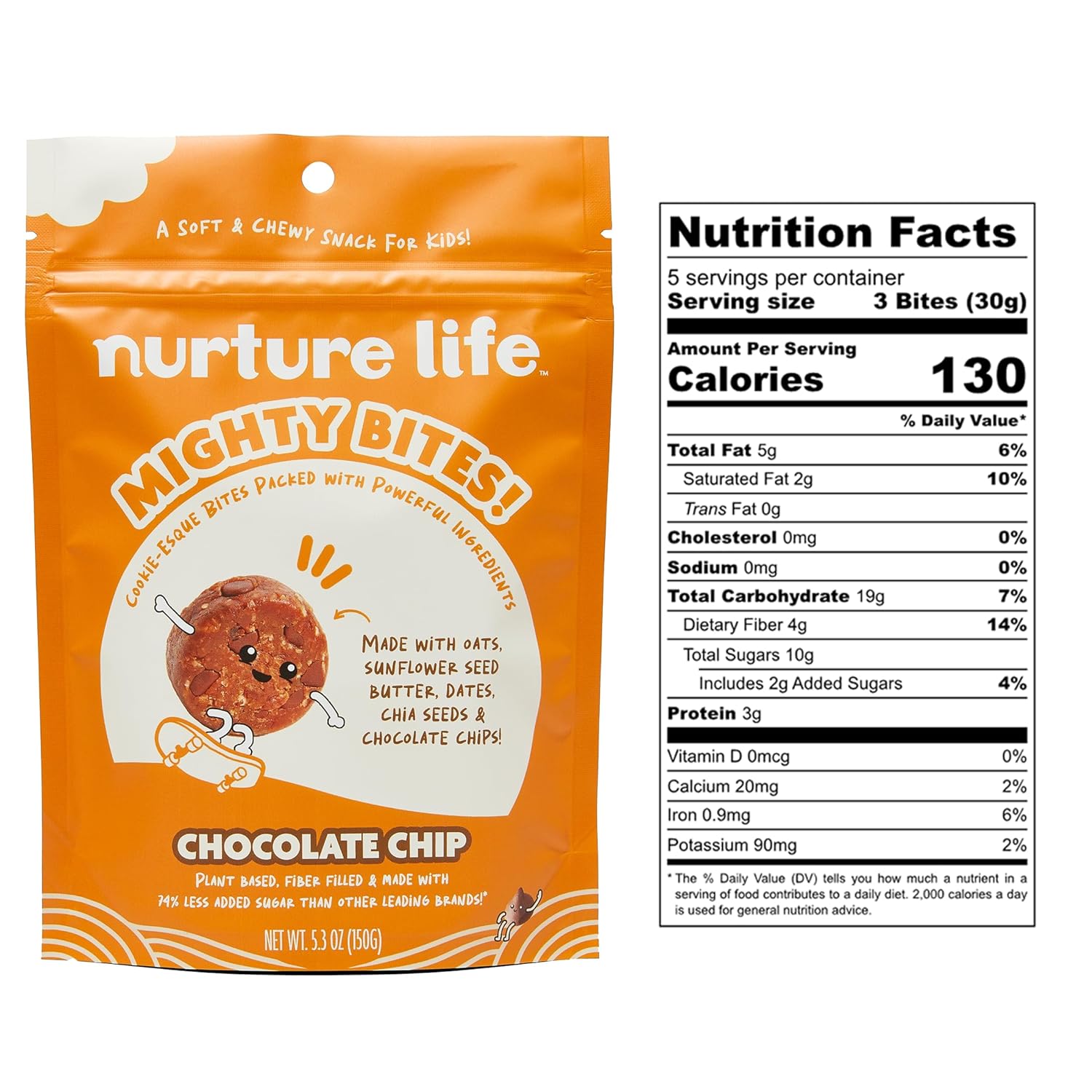 Nurture Life Mighty Bites - Chocolate Chip - Healthy Snacks for Kids & Toddlers Made with Oats Sunflower Seed Butter, Dates, Chia Seeds and Chocolate Chips - Plant-Based, Low-Sugar, High Fiber - 15 Pieces (Pack of 1) : Baby