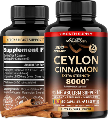 Ceylon Cinnamon Capsules - Extra Strength - Energy, Heart & Metabolism Support - For Men & Women - Pure Natural Extract 20:1 Supplement - Made In Usa - Gmo & Gluten Free, 60 Capsules, 2 Month Supply