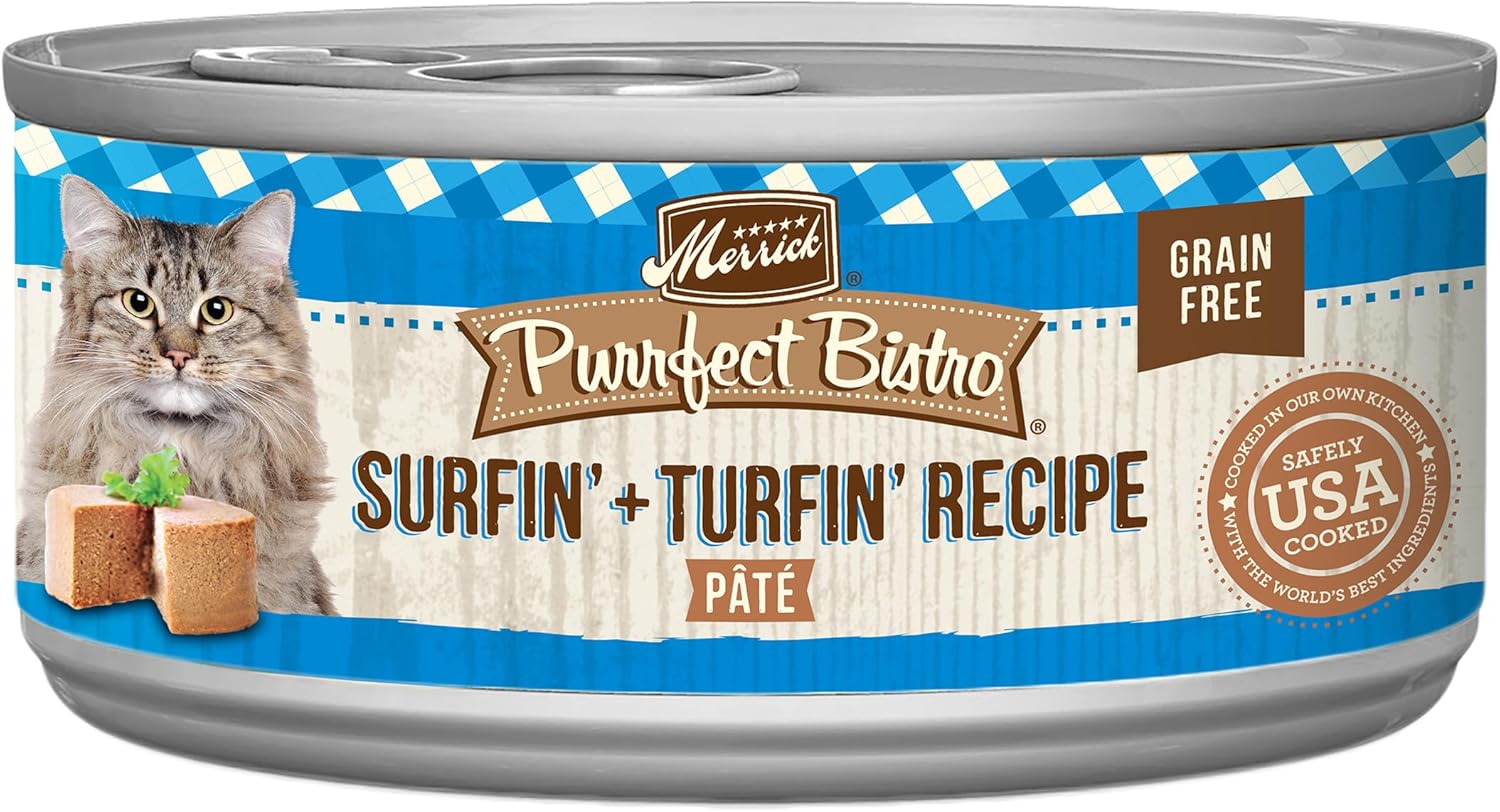 Merrick Purrfect Bistro Grain Free Premium Soft Canned Pate Adult Wet Cat Food, Surfin’ And Turfin’ Recipe - (Pack Of 24) 3 Oz. Cans