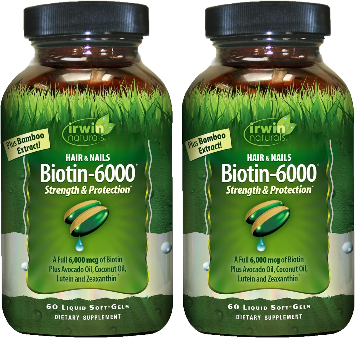 Irwin Naturals Biotin-6000-60 Liquid Soft-Gels, Pack Of 2 - Supports Strength & Protection For Hair & Nails - With Avocado Oil, Coconut Oil, Lutein & Zeaxanthin - 60 Total Servings