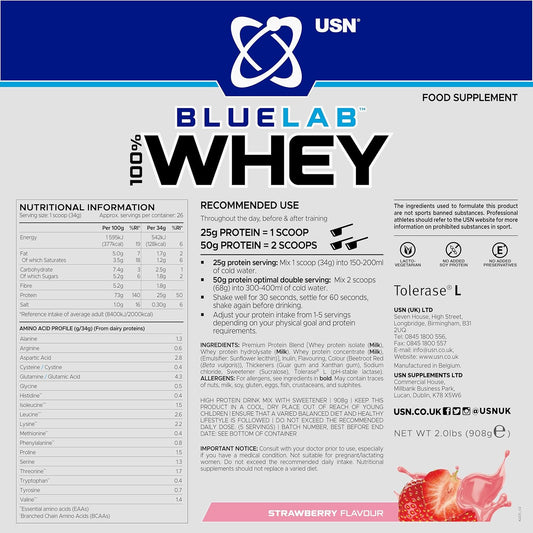 Usn Blue Lab Whey Protein Powder: Strawberry - Whey Protein 908G - Post-Workout - Whey Isolate - Muscle Building Powder Supplement With Added Bcaas