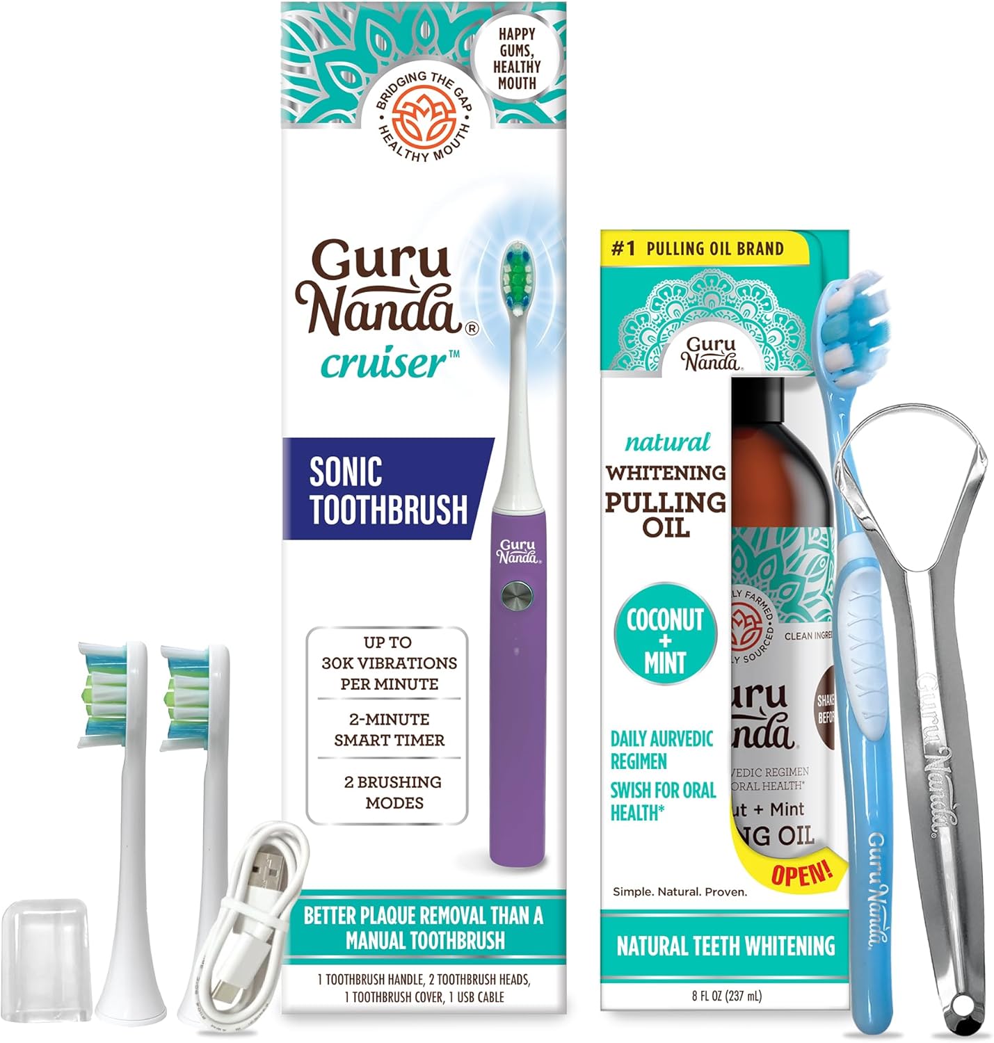 Gurunanda Cruiser Sonic Toothbrush (Lavender) With 2 Brush Heads, 1 Brush Cap, 1 Usb Cable And Oil Pulling With Coconut, 7 Essential Oils, Vitamins (8 Fl Oz) - Aids In Teeth & Gum Health