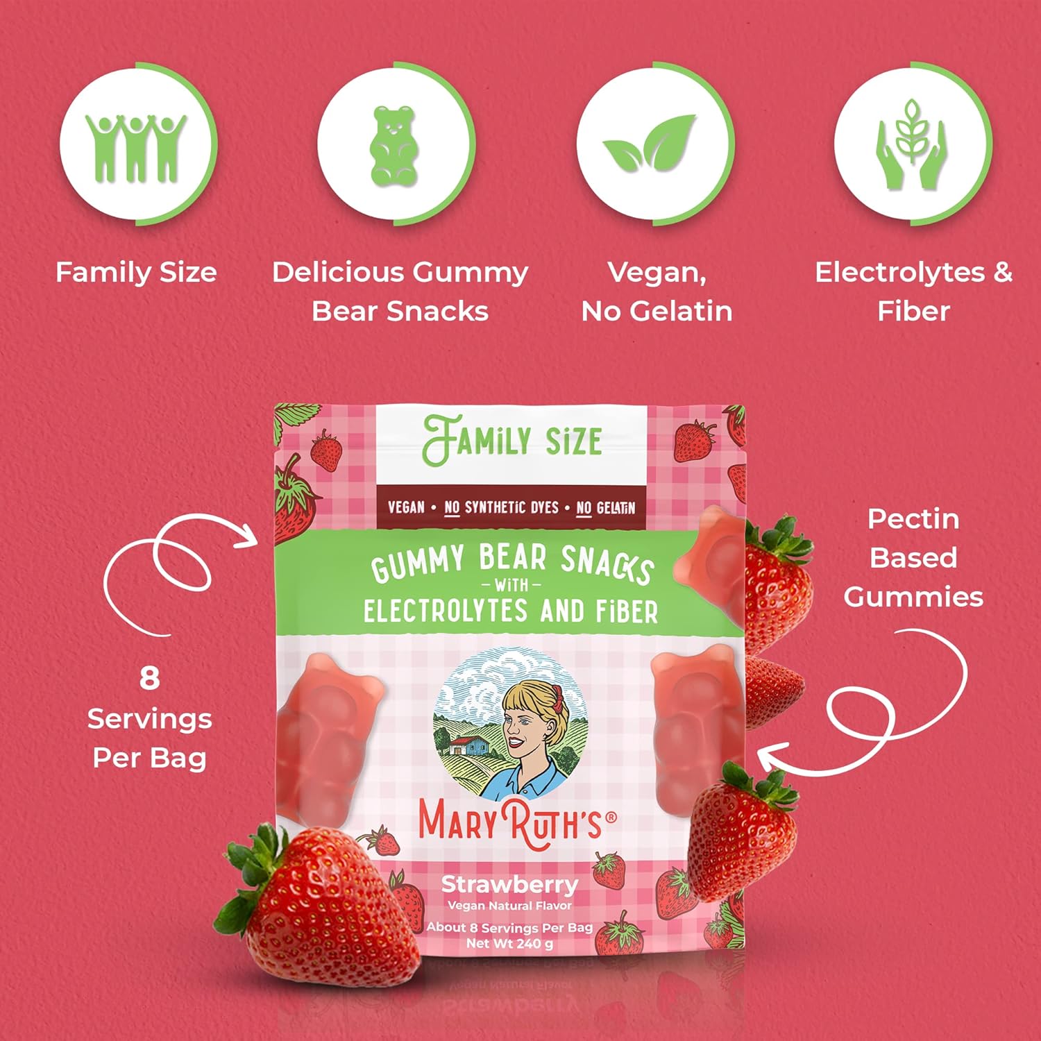 MaryRuth Organics Gummy Bears Snacks | Delicious Gummies with Electrolytes and Fiber | Gummy Candy Made with Organic Cane Sugar | Strawberry | Vegan, Pectin Based | Family Size | 240g