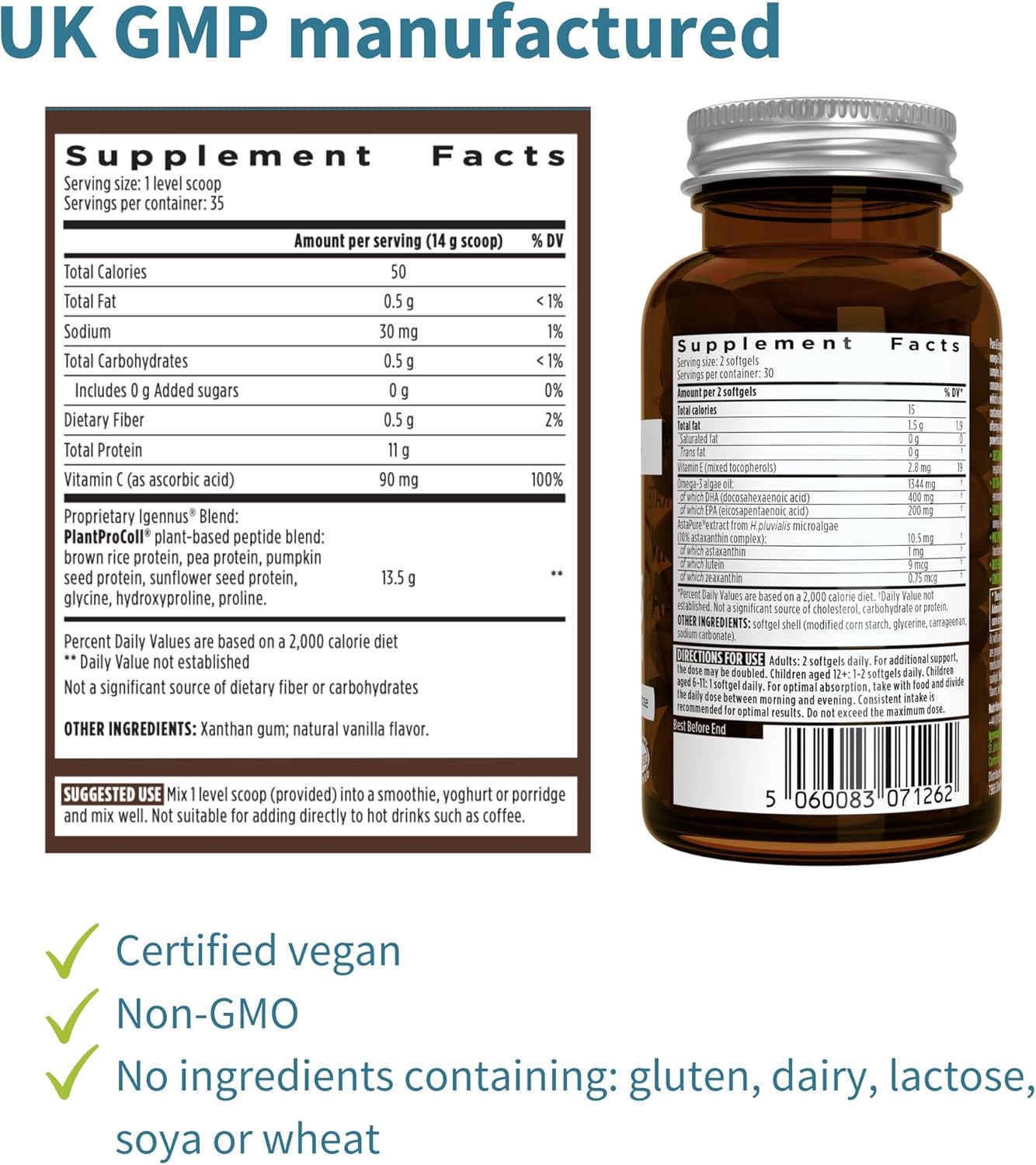 Vegan Vanilla Collagen Protein Powder & Vegan Omega-3 Bundle, Complete Collagen Boosting Formula & Sustainable Algae Oil 1340mg, by Igennus : Health & Household
