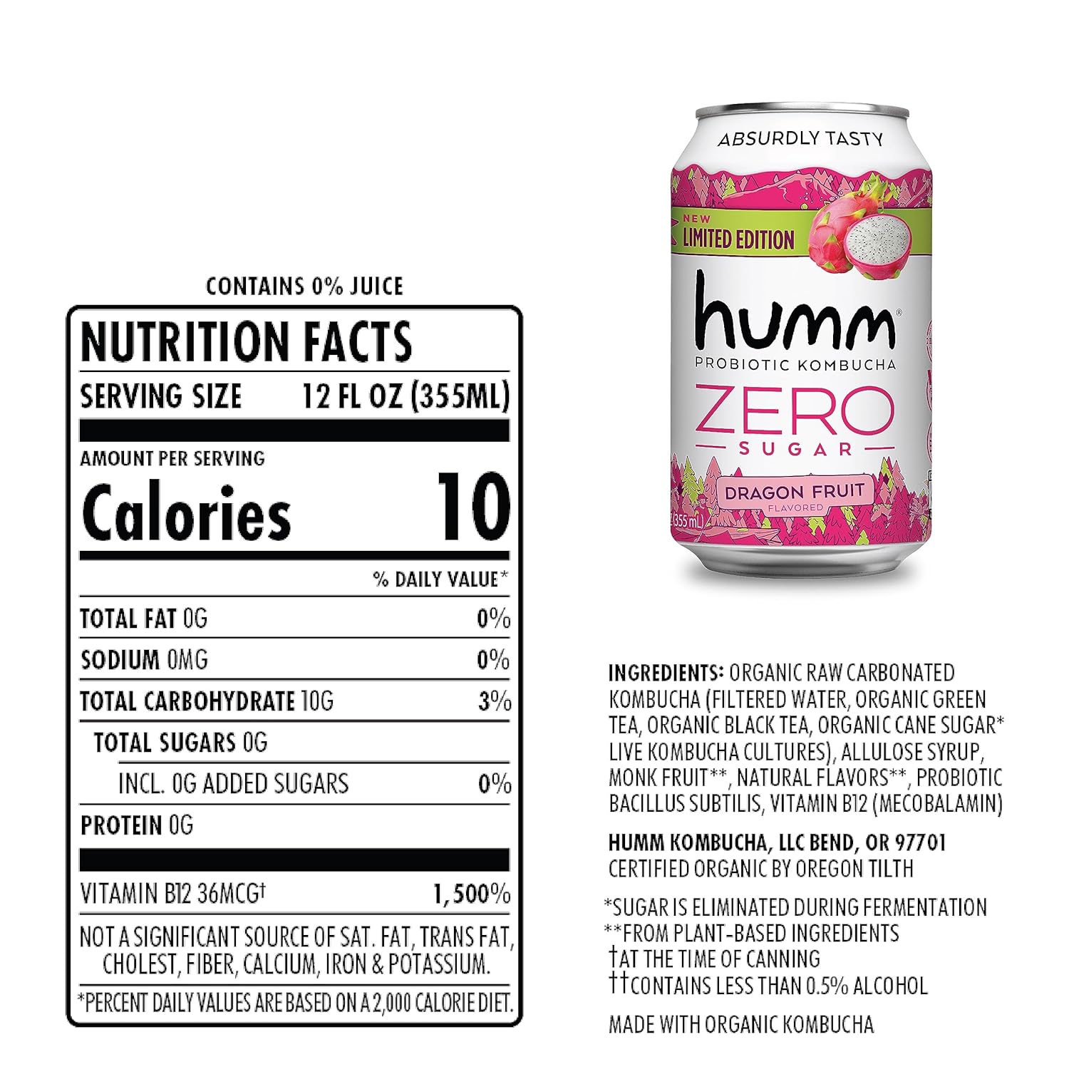 Humm Probiotic Kombucha Zero Sugar Dragon Fruit, No Refrigeration Needed, Keto Friendly, Organic, Vegan, Gluten Free, 12Oz Cans (8 Pack)
