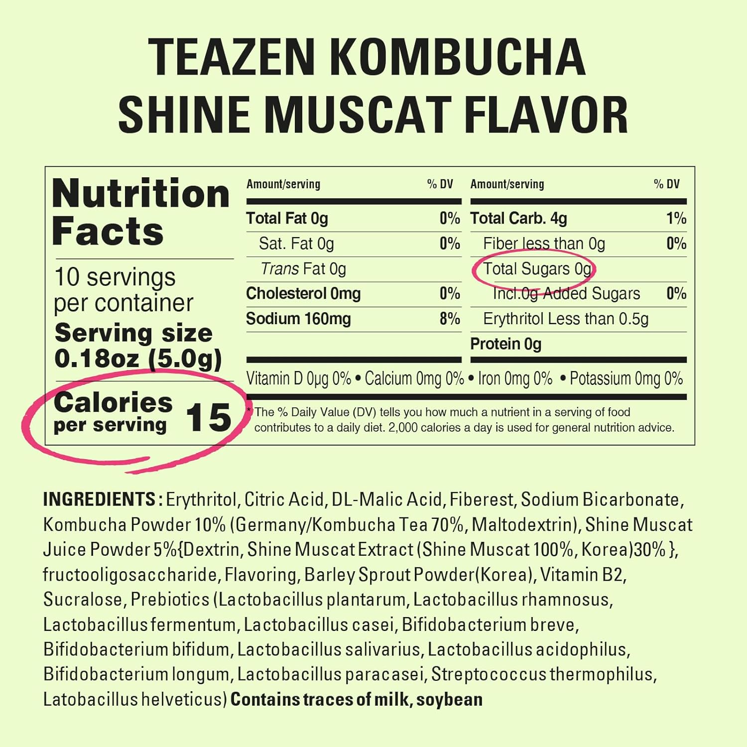 Teazen Shine Muscat Kombucha Tea, Electrolyte Powder & Hydration Drink Mix, Sugar Free, Live Probiotics & Prebiotics, 10 Sticks, 1.76Oz