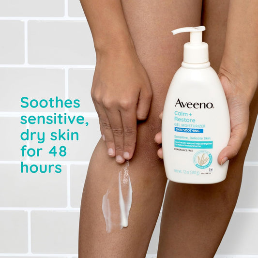 Aveeno Calm + Restore Gel Body Moisturizer for Sensitive, Delicate Skin, Lightweight Daily Dry Skin Healing Moisturizer with Prebiotic Oat, Aloe & Pro-Vitamin B5, Fragrance Free, 12 oz