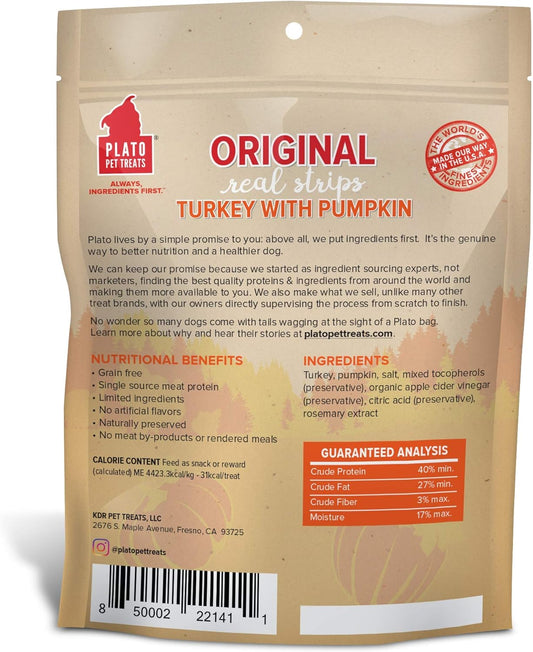 PLATO Turkey Real Strips Natural Dog Treats - Real Meat - Air Dried - Made in the USA - Turkey & Pumpkin, 6 ounces